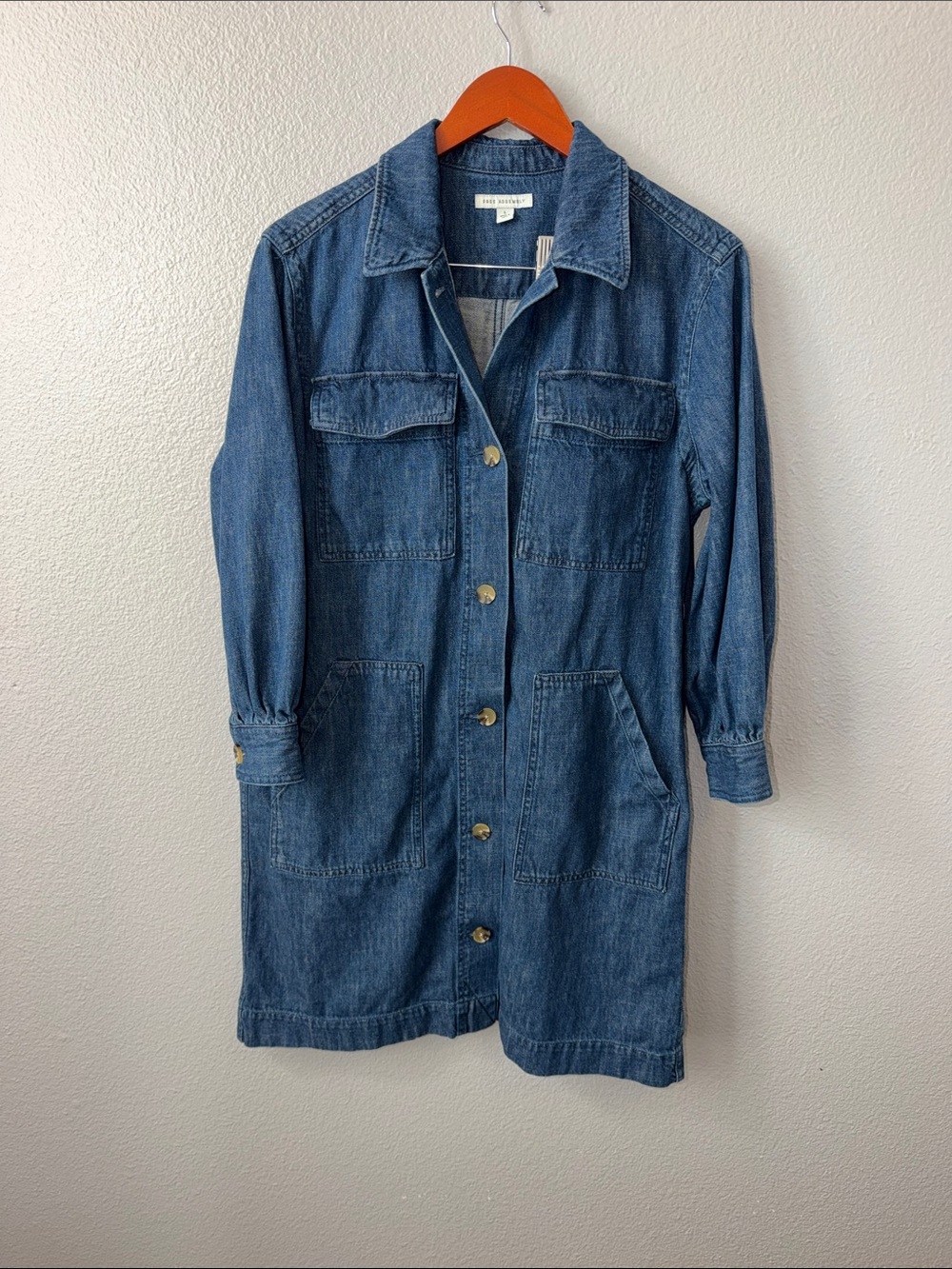 Free Assembly Denim Button-Front Long Jacket or Dress in Blue